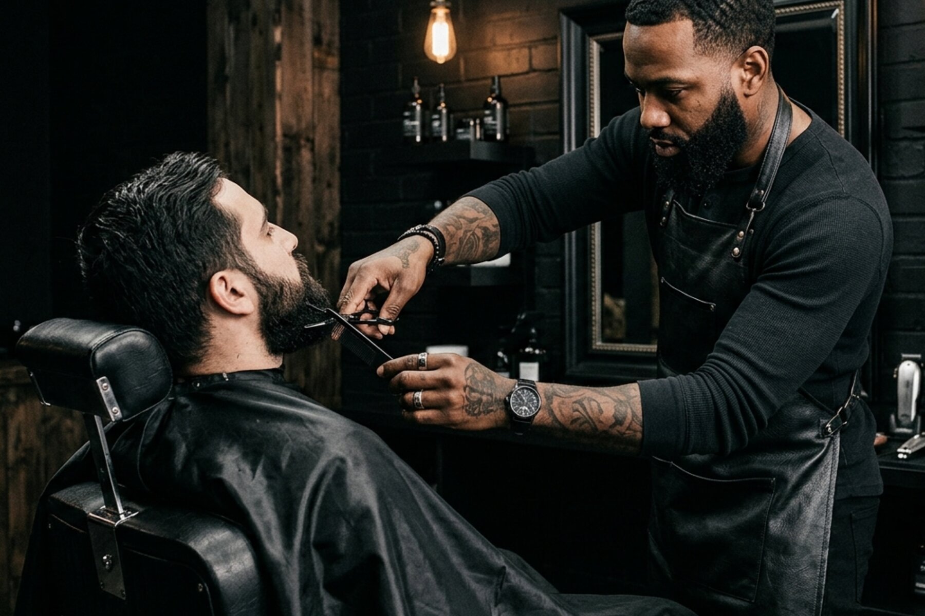 Barbeiro aparando a barba de um cliente